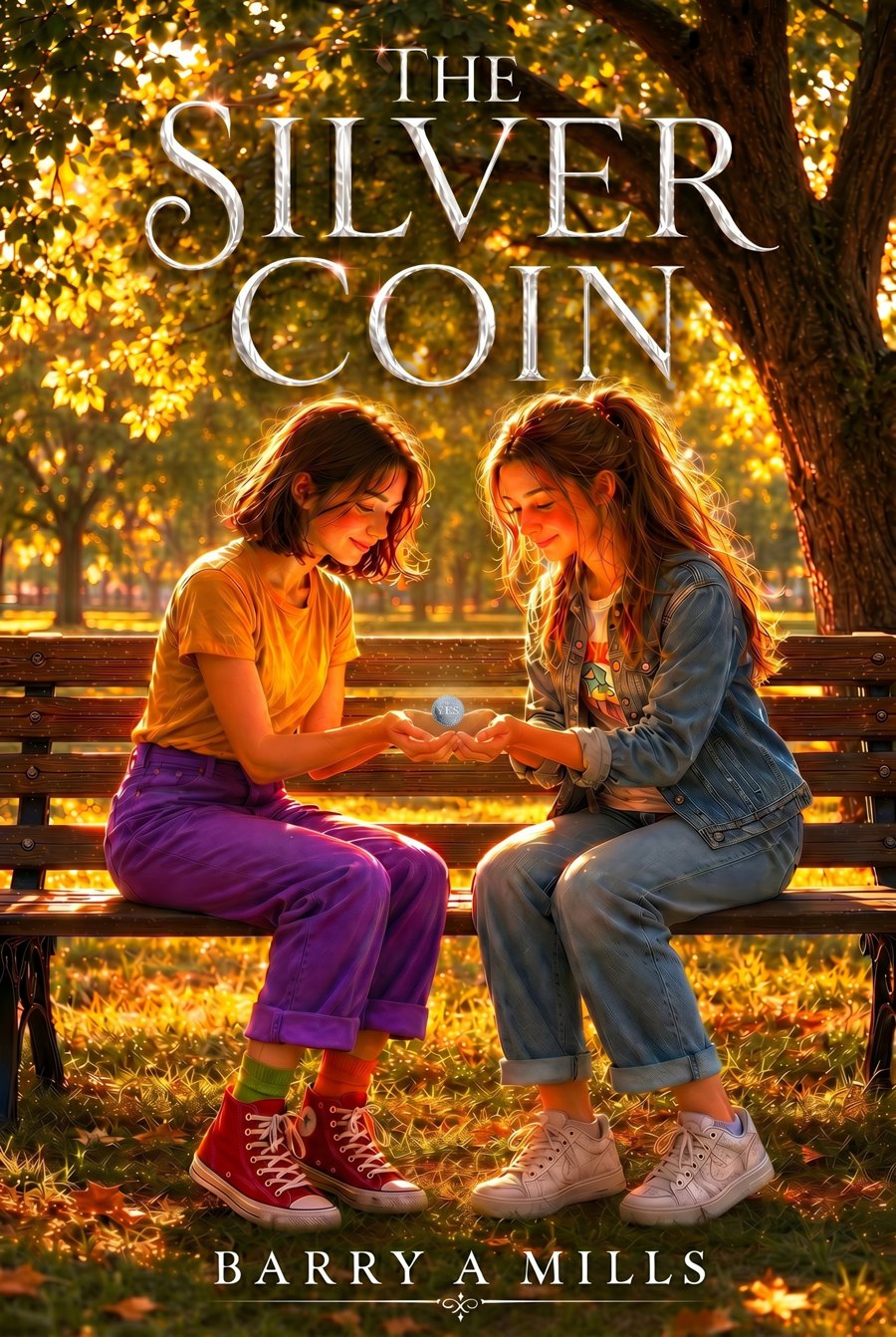 The Silver Coin book cover, two girls on a park bench sharing a small silver coin