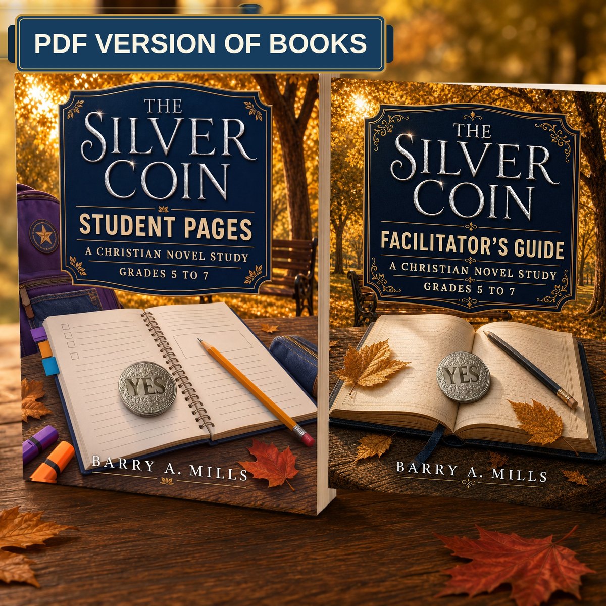 The Silver Coin Student Pages and Facilitator's Guide standing together on a desk